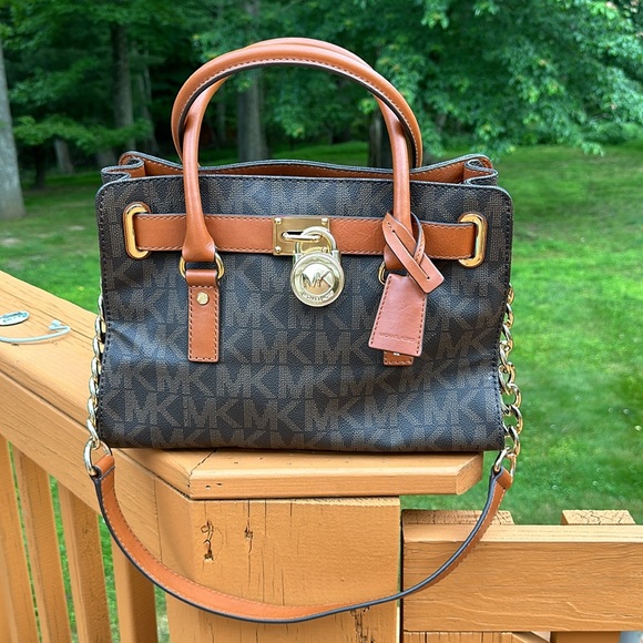 Michael Kors Hamilton Satchel Bag with Gold Chain - Brown - Picture 3 of 15